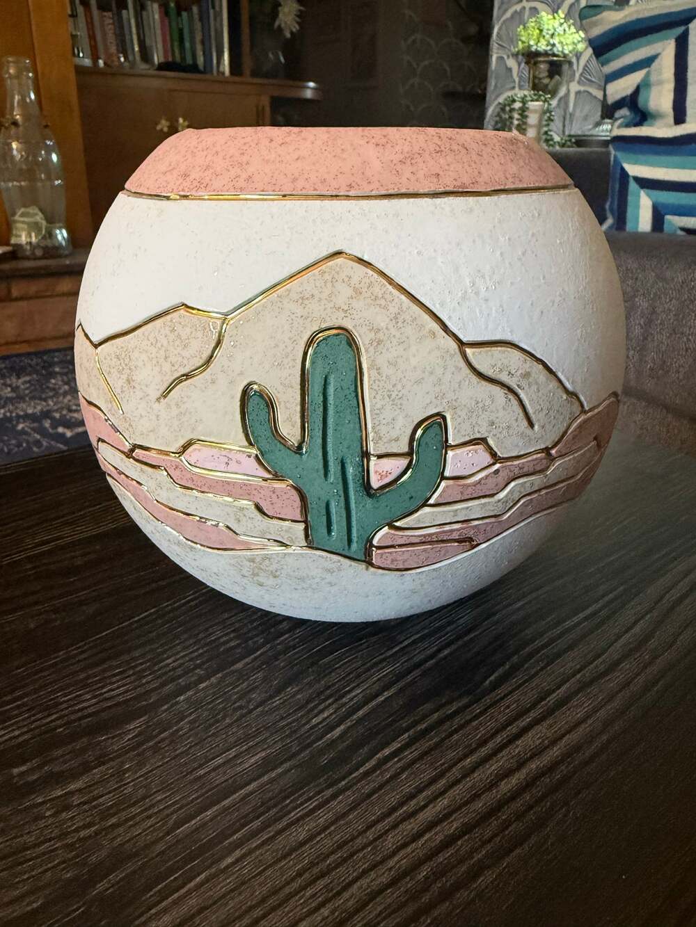 Vintage Gail Bauer Southwestern Pottery Saguaro Cactus Desert 22KT Gold Trim